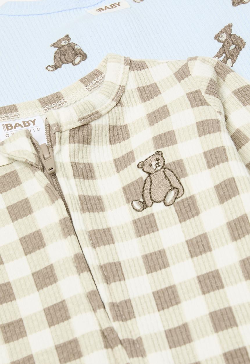 Cotton On - 2 pack organic pointelle zip romper - white water blue/vintage teddy&oatmilkgingham