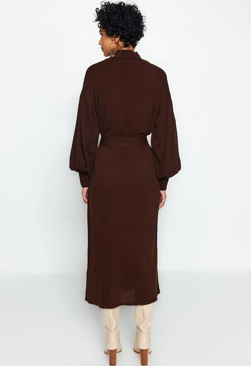 Trendyol - Belted Half Turtleneck Balloon Sleeve Knitwear Dress - Brown
