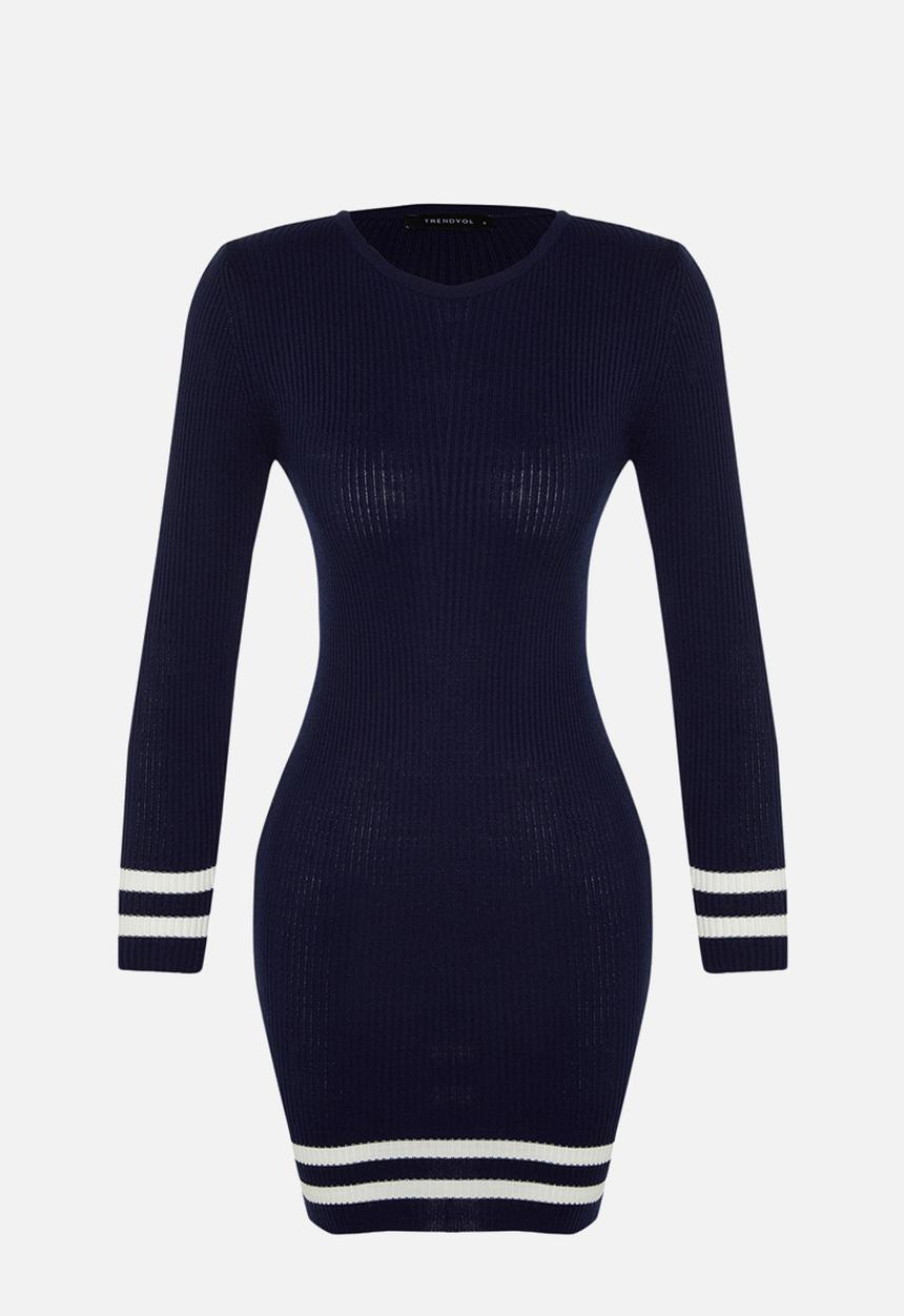 Trendyol - Mini Knitwear Striped Hem Dress - Navy Blue