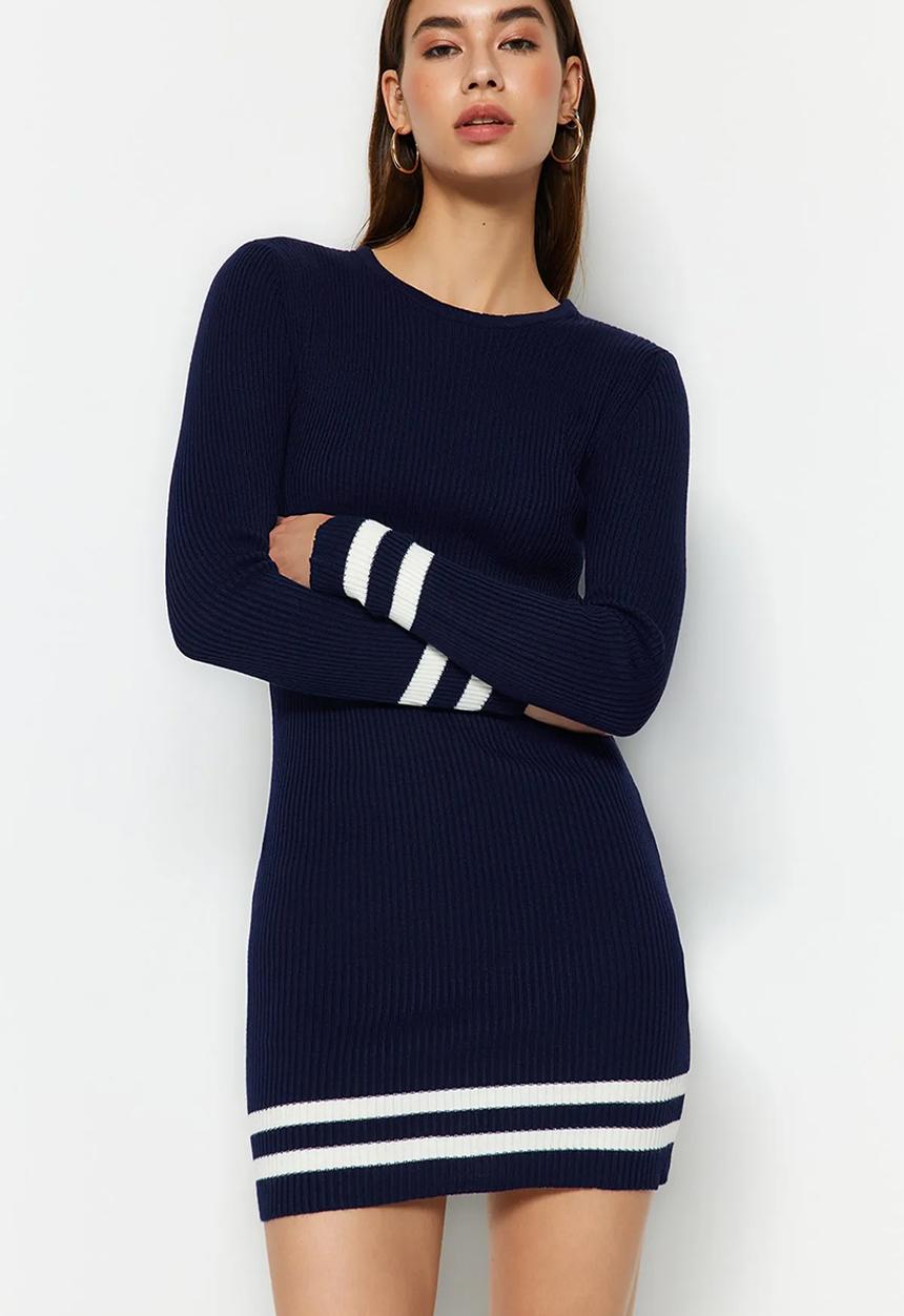 Trendyol - Mini Knitwear Striped Hem Dress - Navy Blue