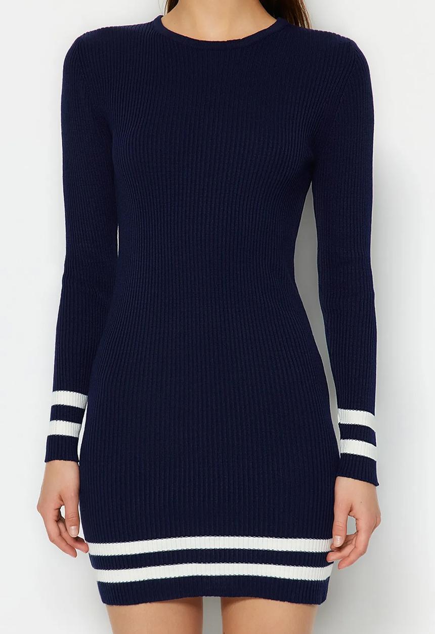Trendyol - Mini Knitwear Striped Hem Dress - Navy Blue