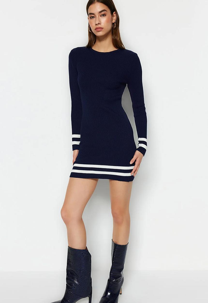 Trendyol - Mini Knitwear Striped Hem Dress - Navy Blue