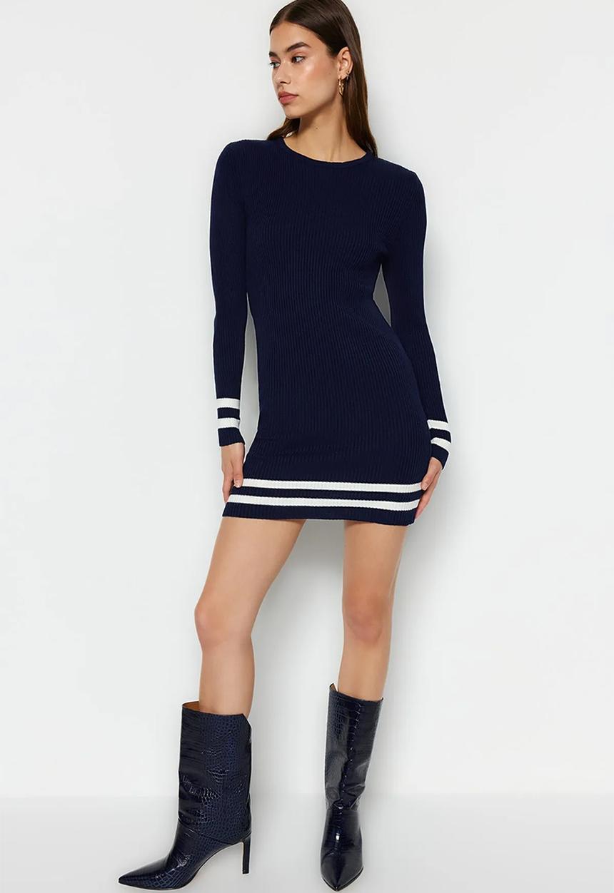 Trendyol - Mini Knitwear Striped Hem Dress - Navy Blue