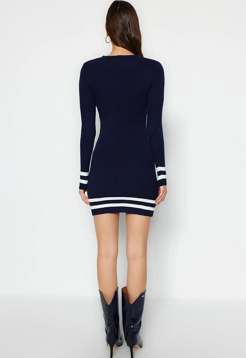 Trendyol - Mini Knitwear Striped Hem Dress - Navy Blue