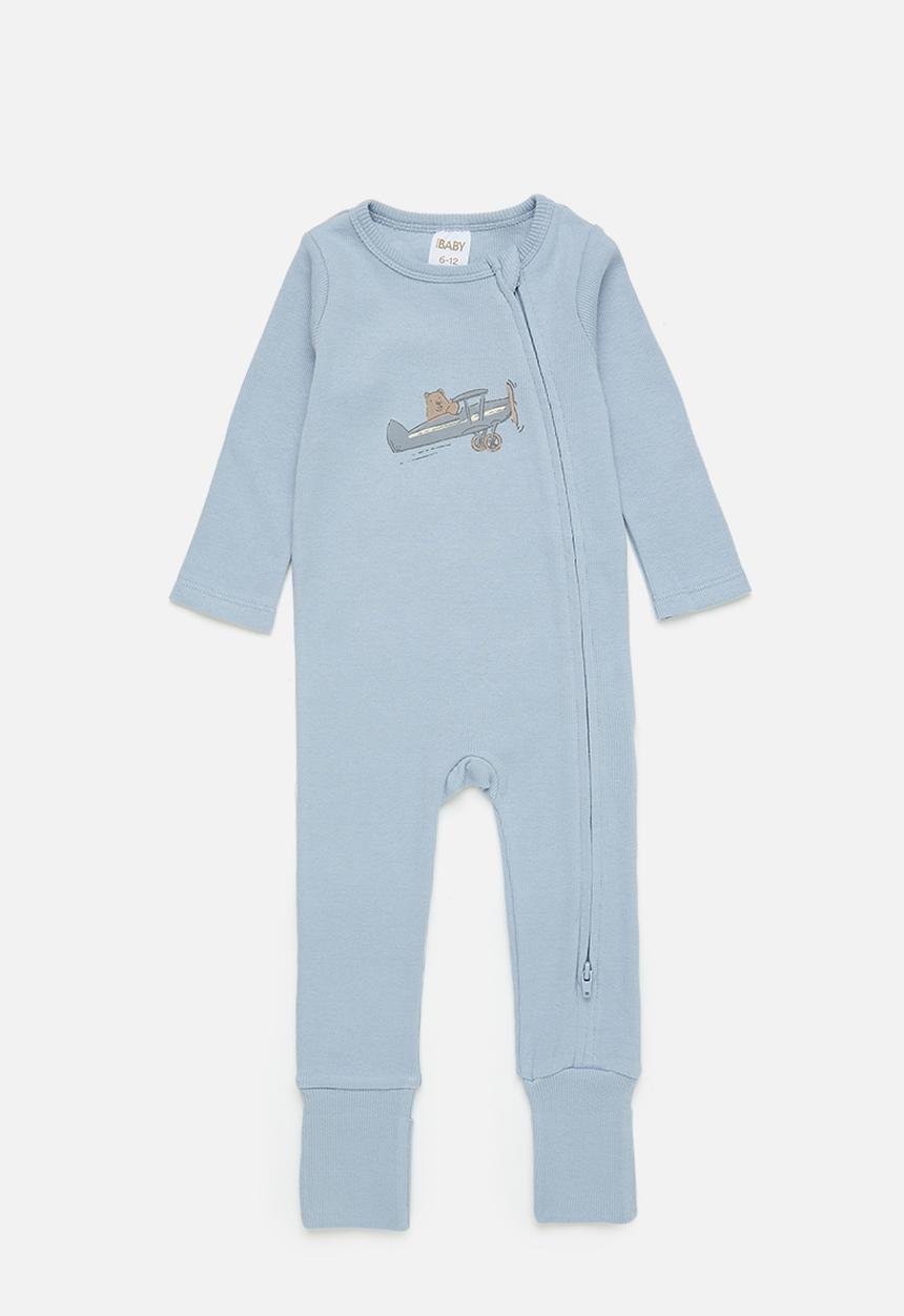 Cotton On - The long sleeve rib romper - dusty blue/airplane bear