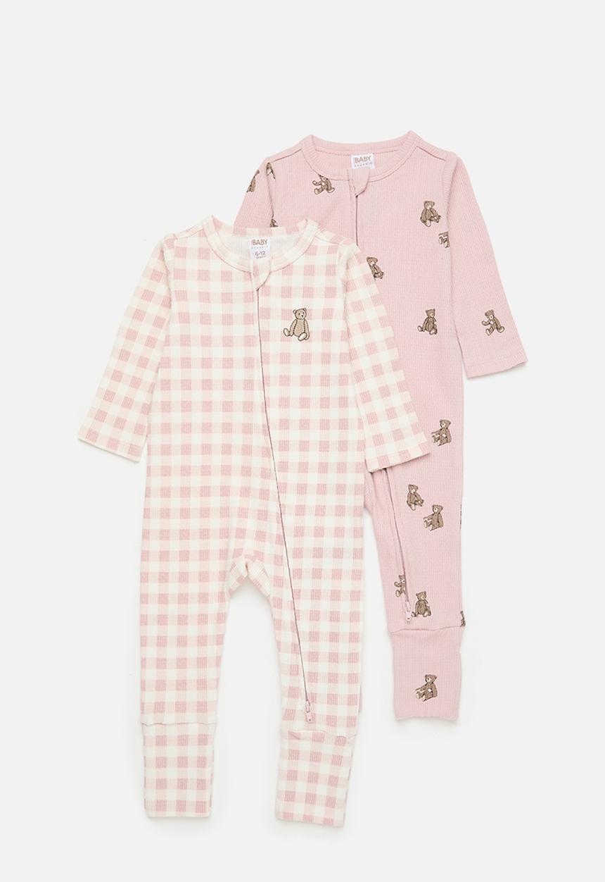 Cotton On - 2 pack organic pointelle zip romper - zephyr vintage teddy bear & zephyr gingham