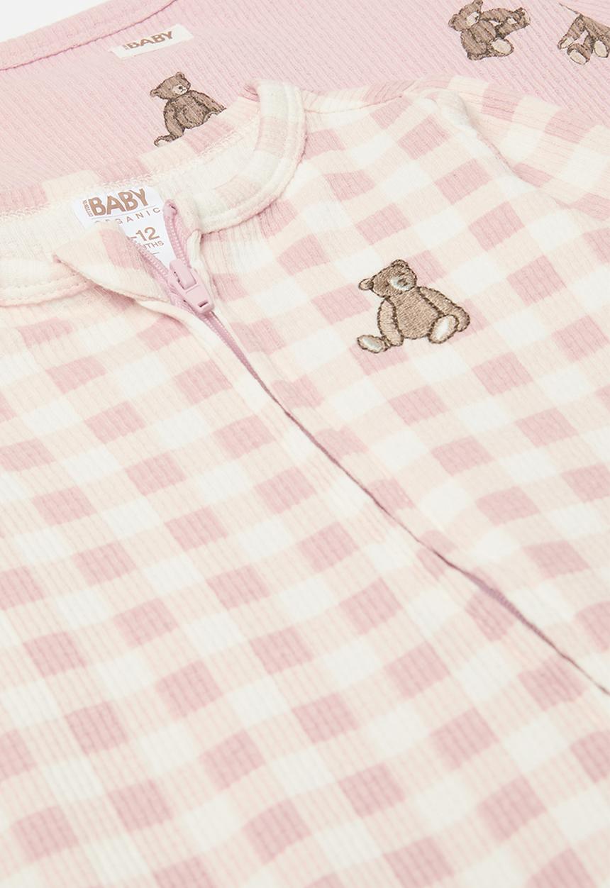 Cotton On - 2 pack organic pointelle zip romper - zephyr vintage teddy bear & zephyr gingham