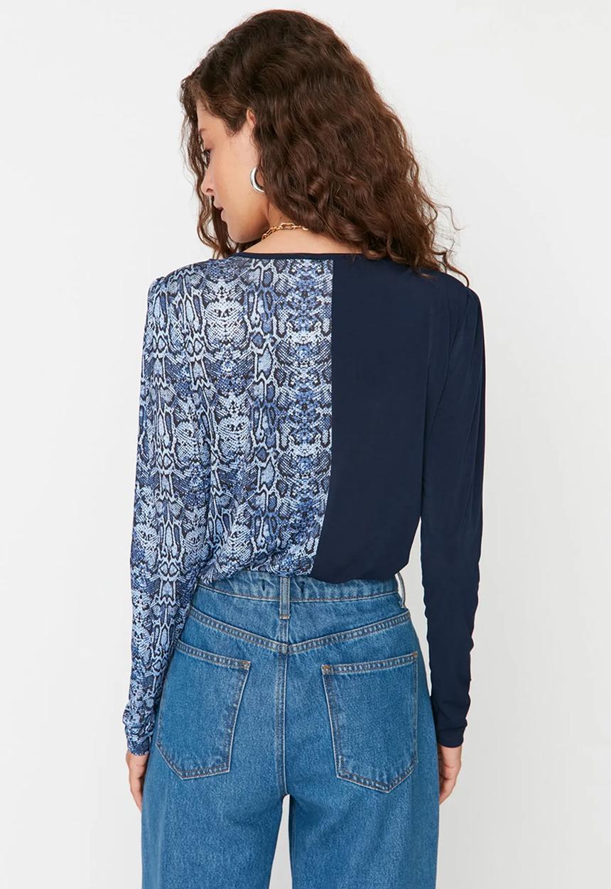 Trendyol - Navy animal pattern double breasted snap knitted bodysuit