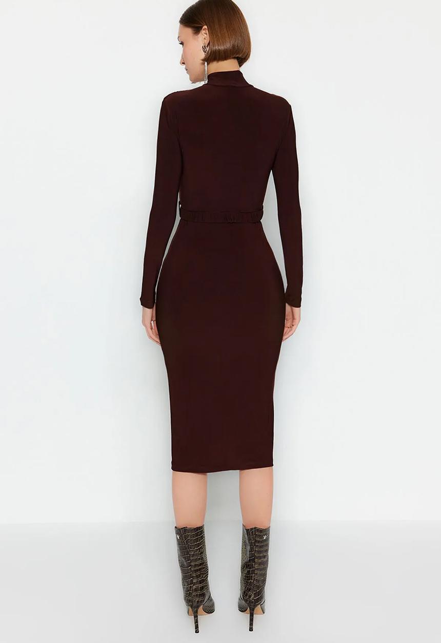 Trendyol - High Neck Draped Belt Knitted Dress - Brown