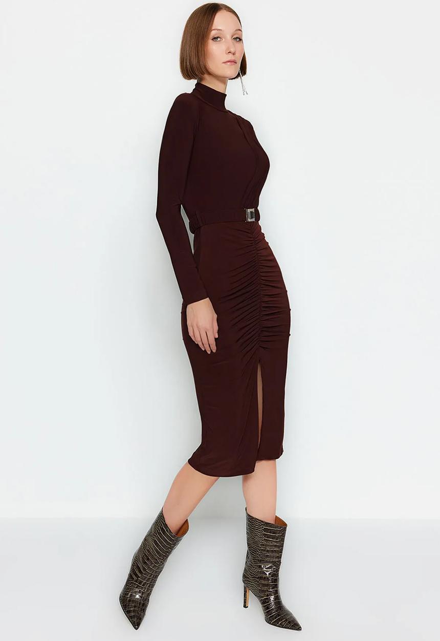 Trendyol - High Neck Draped Belt Knitted Dress - Brown
