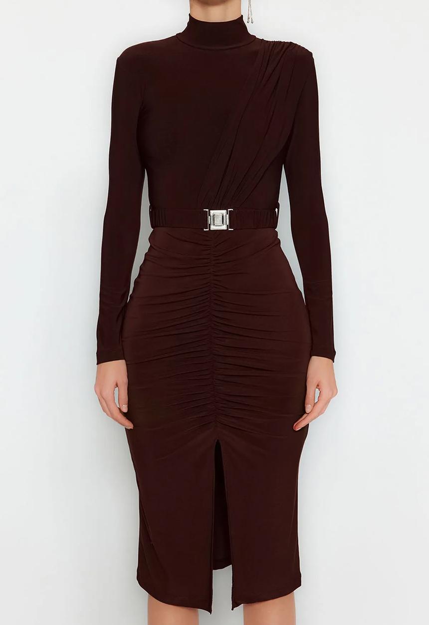 Trendyol - High Neck Draped Belt Knitted Dress - Brown