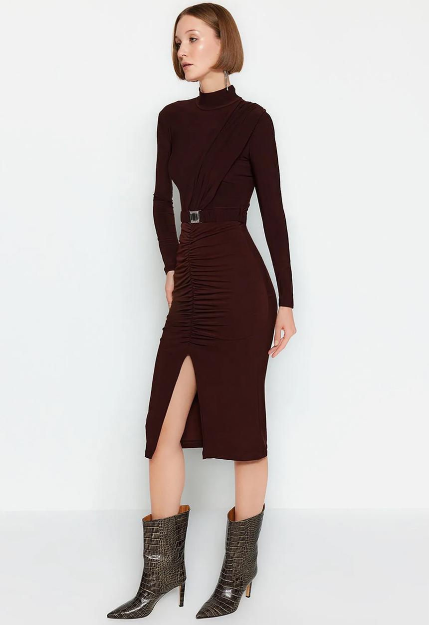 Trendyol - High Neck Draped Belt Knitted Dress - Brown