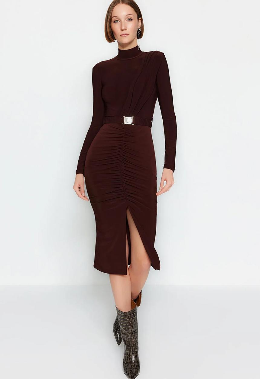 Trendyol - High Neck Draped Belt Knitted Dress - Brown