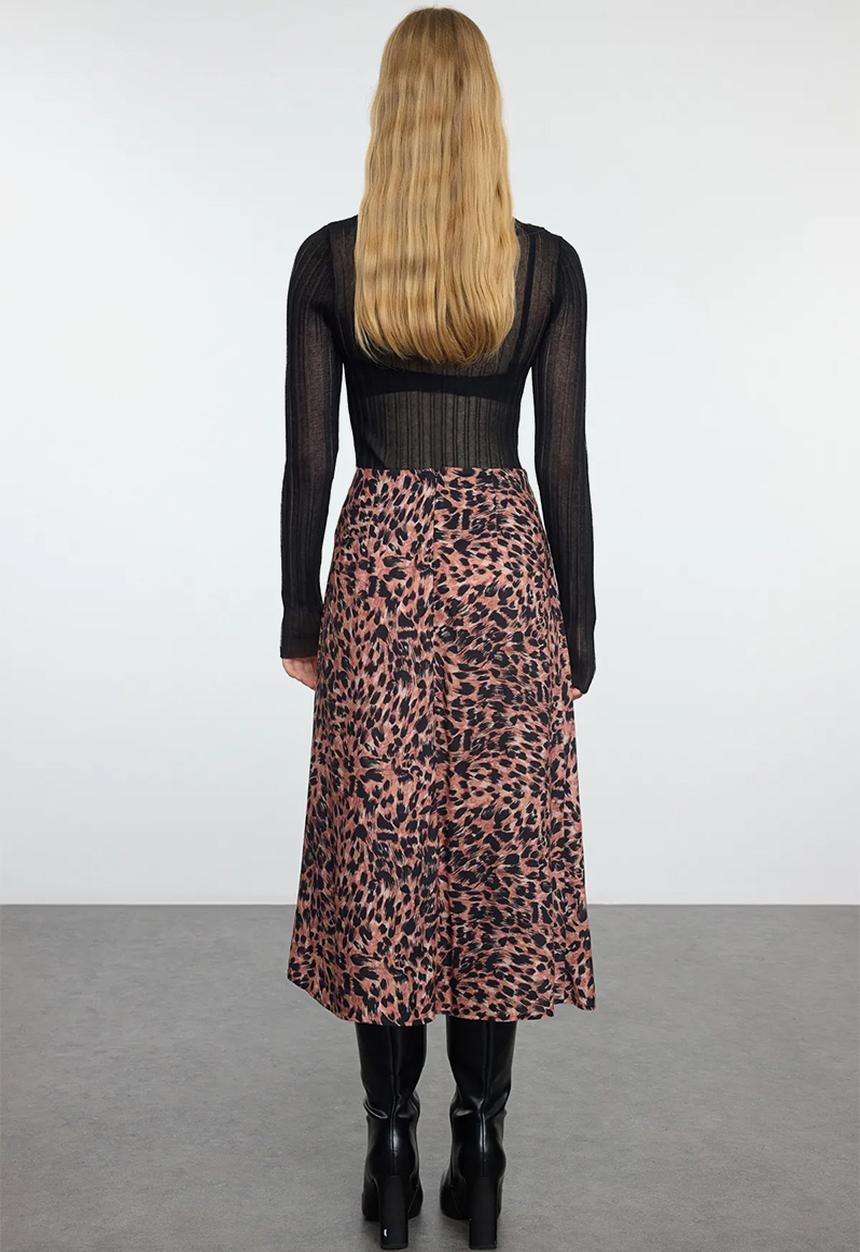 Trendyol - Animal Pattern Slit Midi Woven Skirt - Brown 