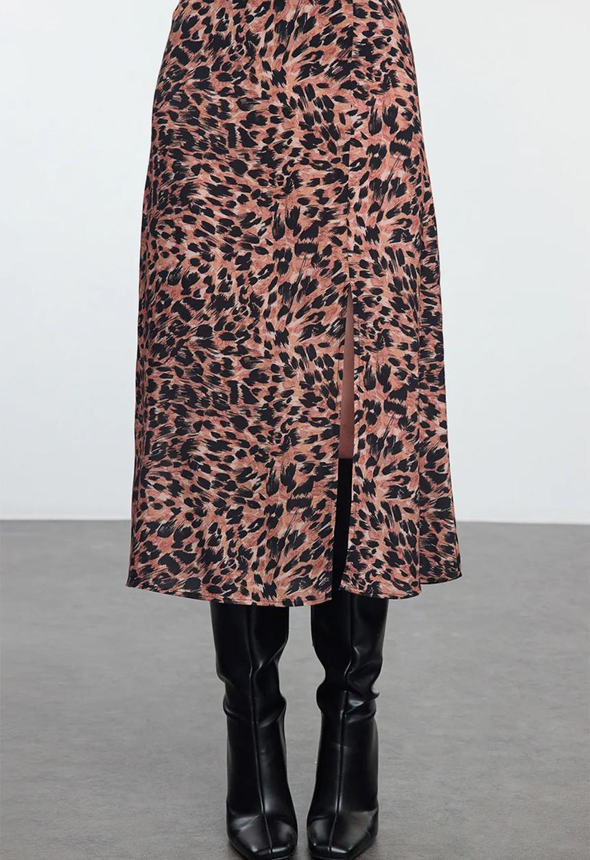 Trendyol - Animal Pattern Slit Midi Woven Skirt - Brown 