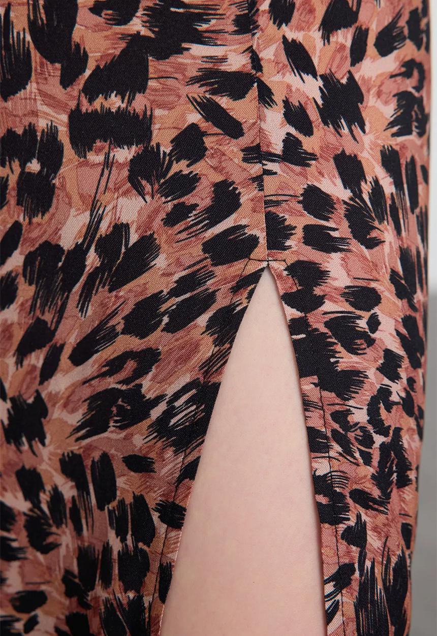 Trendyol - Animal Pattern Slit Midi Woven Skirt - Brown 