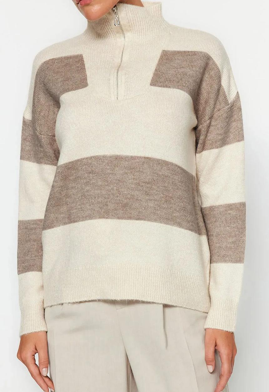 Trendyol - Soft texture zipper knitwear sweater - beige 