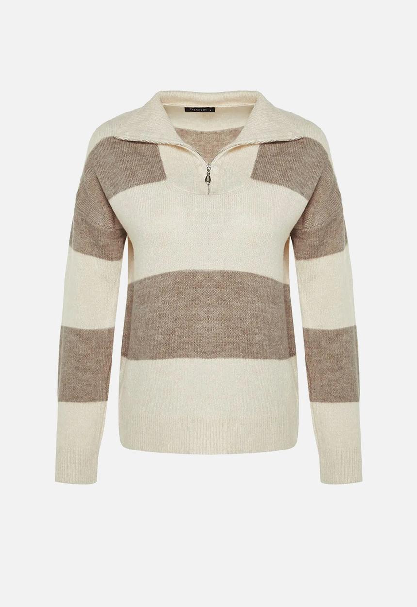 Trendyol - Soft texture zipper knitwear sweater - beige 