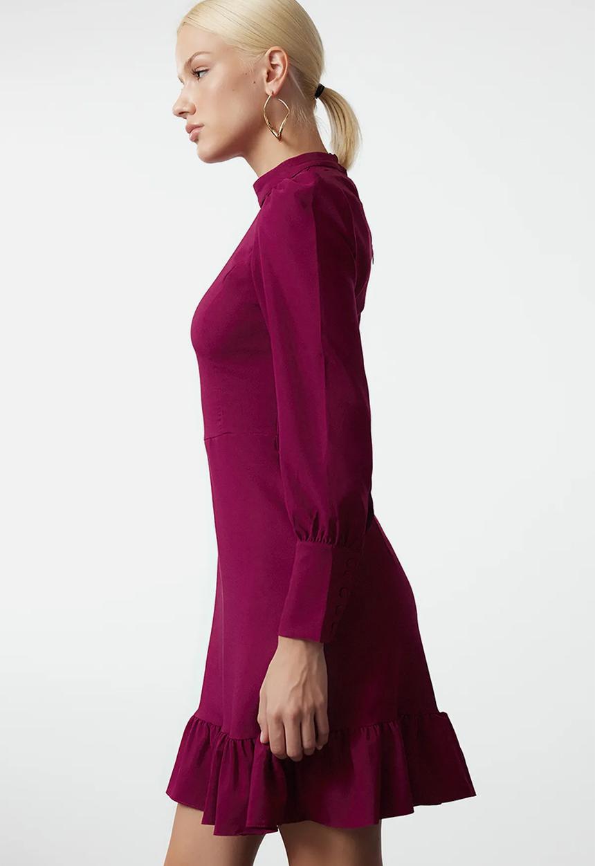 Trendyol - Purple High Collar A-Line Gathered Mini Woven Dress