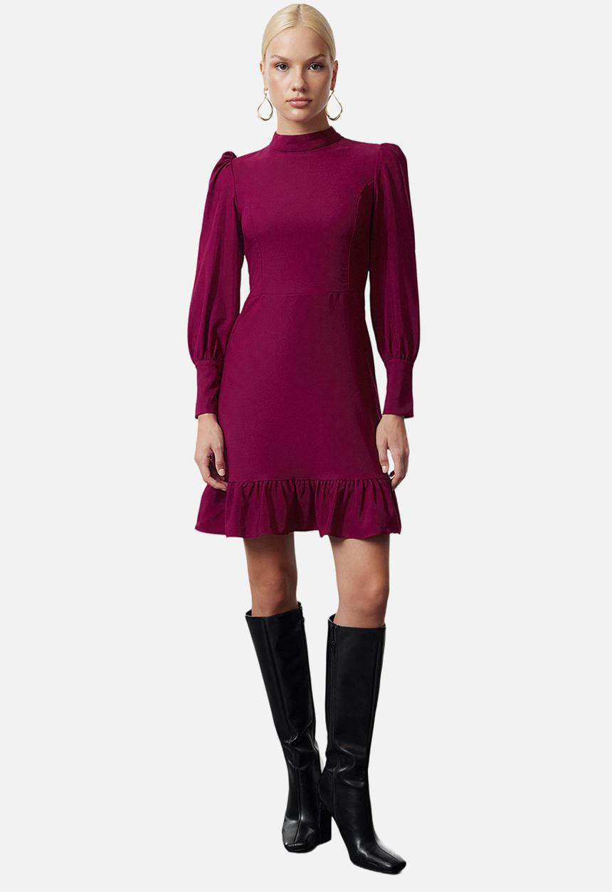 Trendyol - Purple High Collar A-Line Gathered Mini Woven Dress