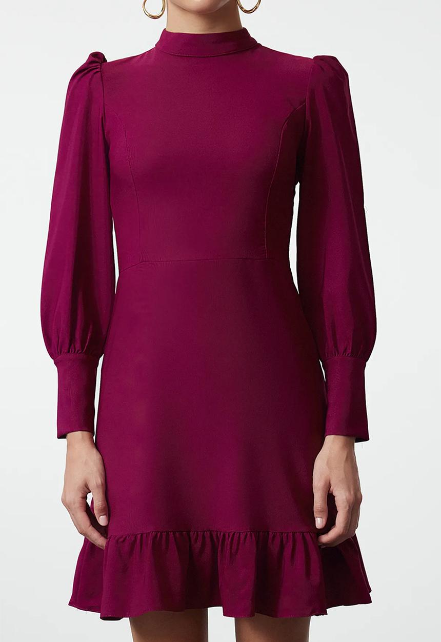 Trendyol - Purple High Collar A-Line Gathered Mini Woven Dress