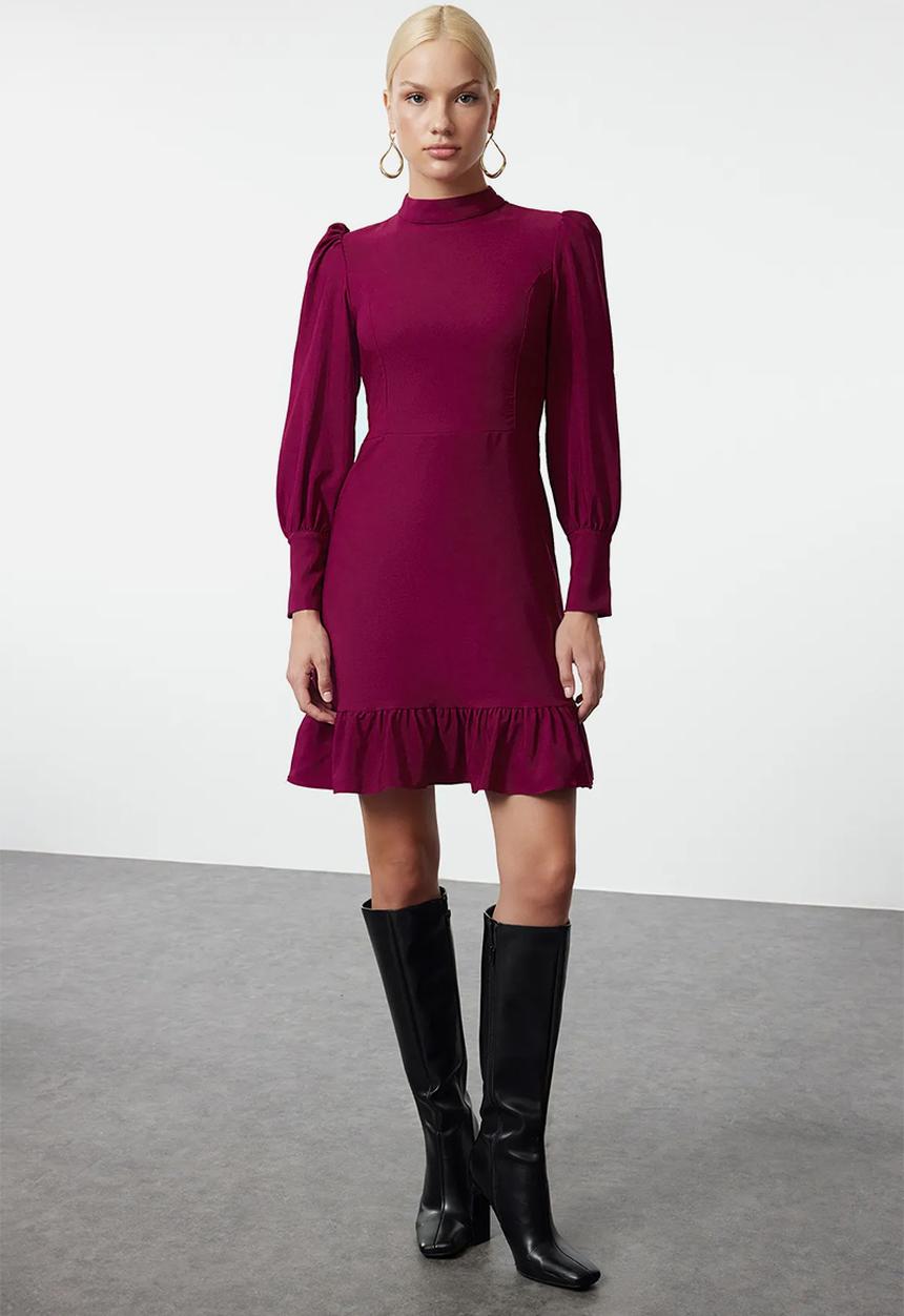 Trendyol - Purple High Collar A-Line Gathered Mini Woven Dress