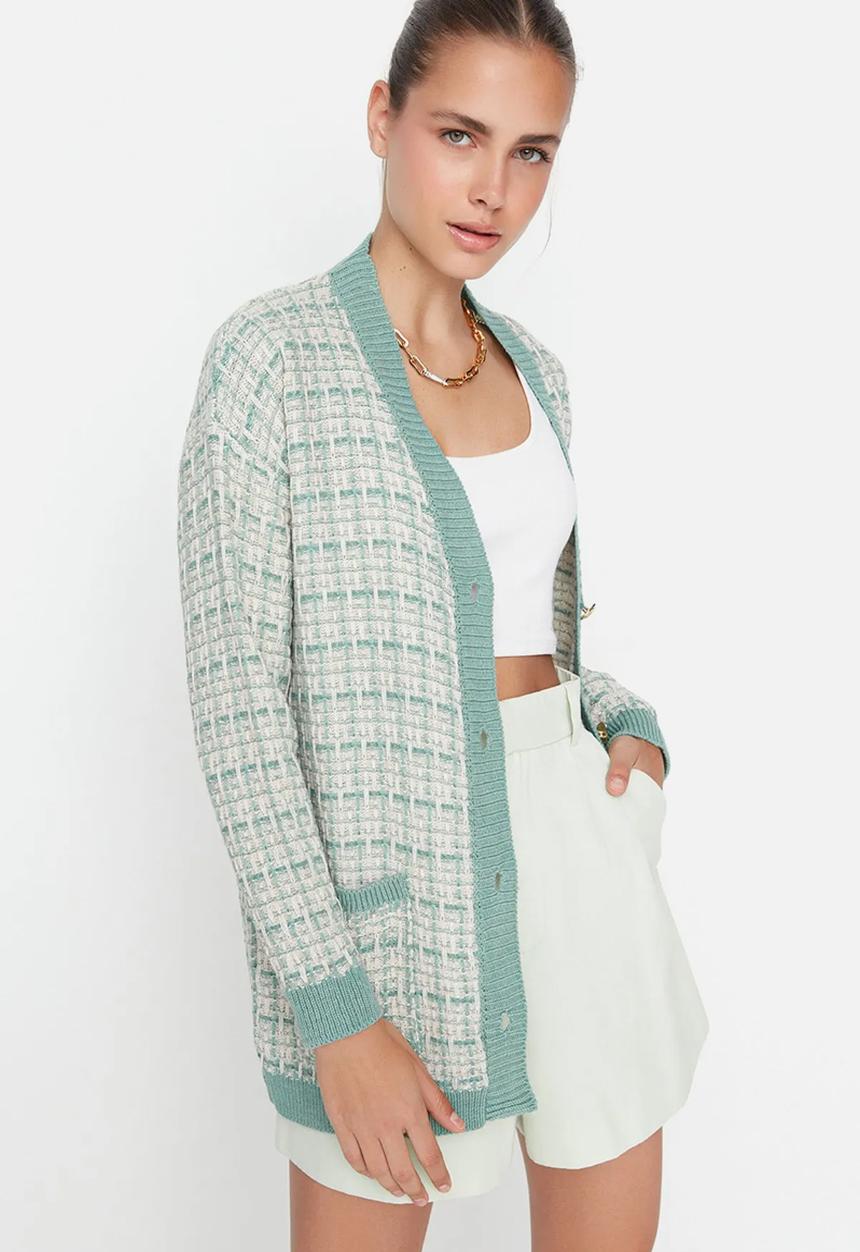 Trendyol - Mint Wide Fit Tweed Look Glittery Knitted Cardigan