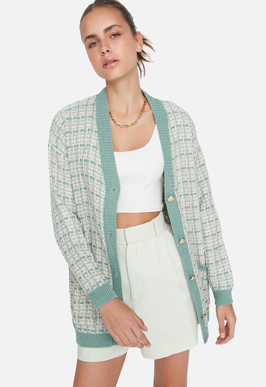 Trendyol - Mint Wide Fit Tweed Look Glittery Knitted Cardigan