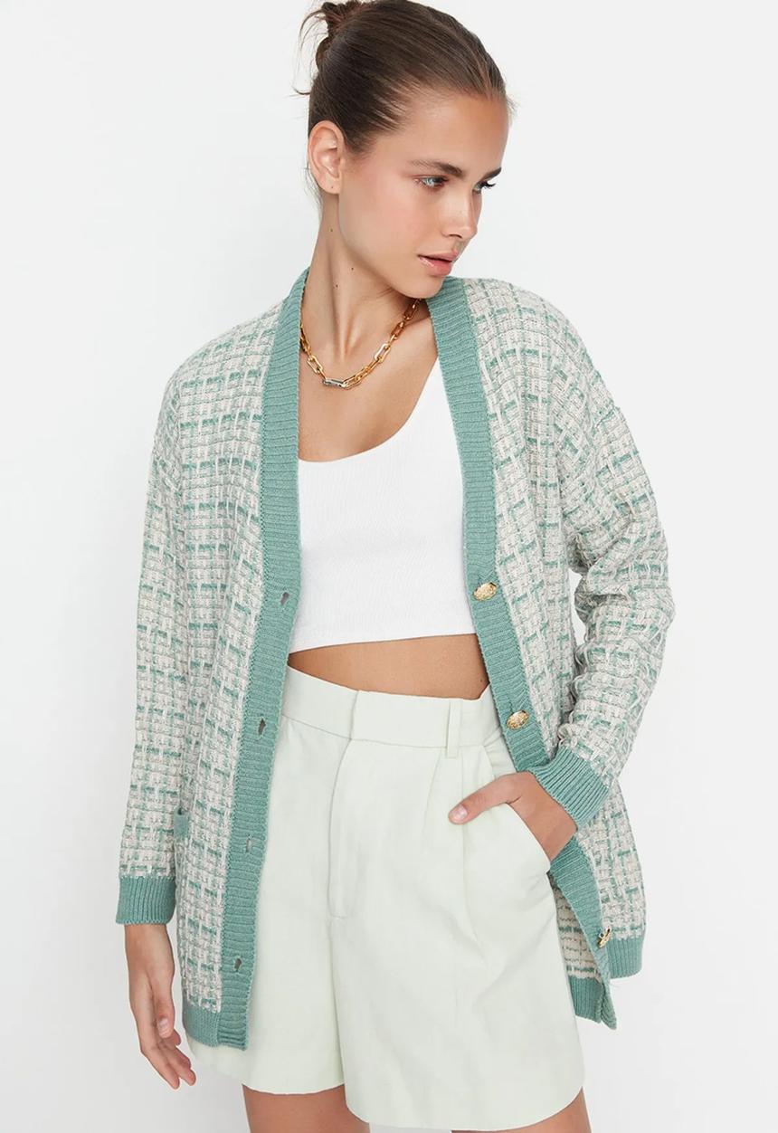 Trendyol - Mint Wide Fit Tweed Look Glittery Knitted Cardigan