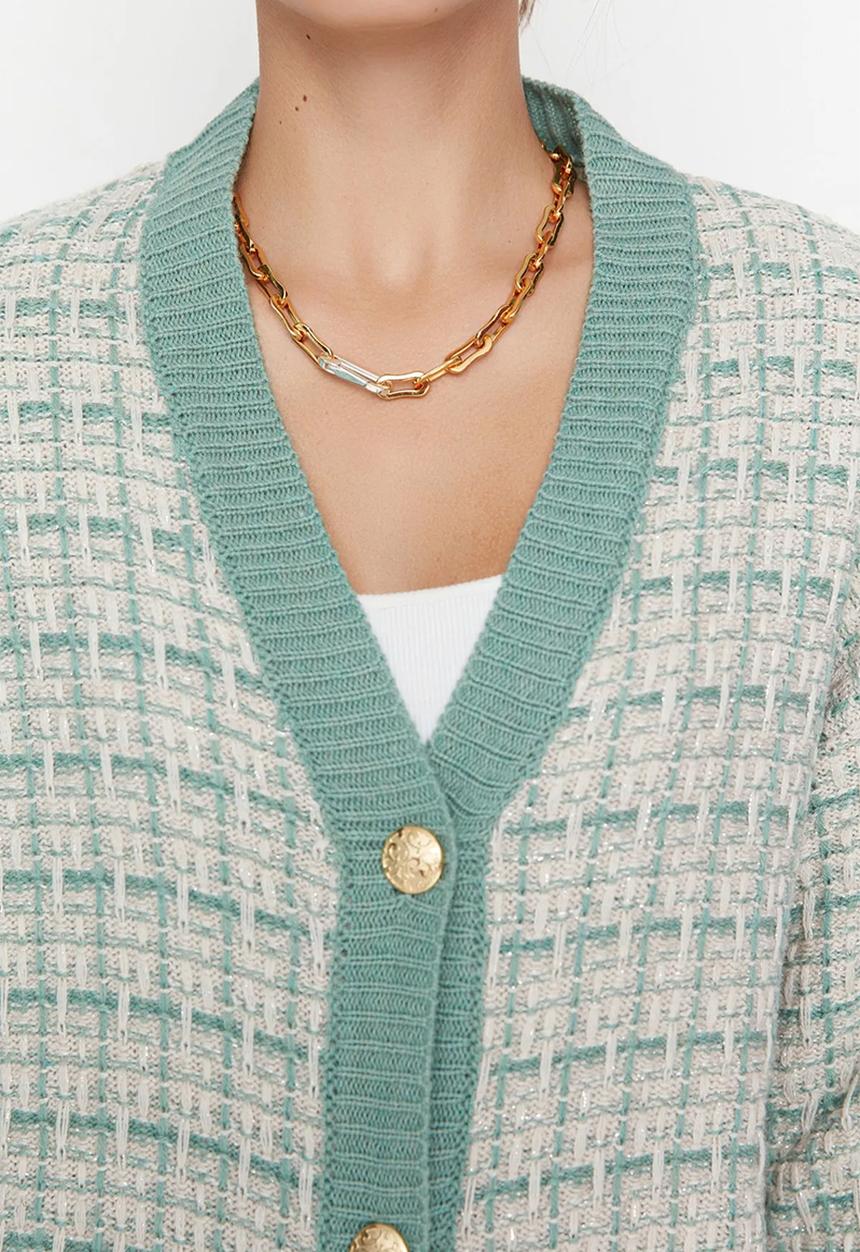 Trendyol - Mint Wide Fit Tweed Look Glittery Knitted Cardigan