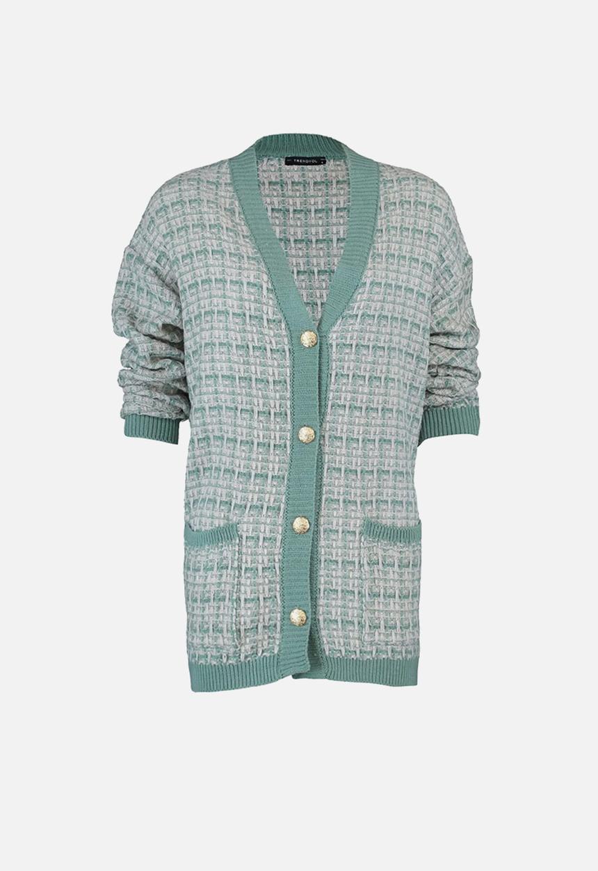 Trendyol - Mint Wide Fit Tweed Look Glittery Knitted Cardigan