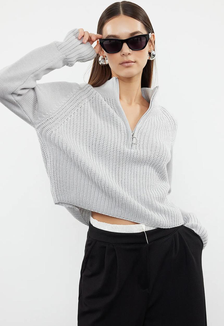Trendyol - Zippered crop stand collar knitwear sweater - grey