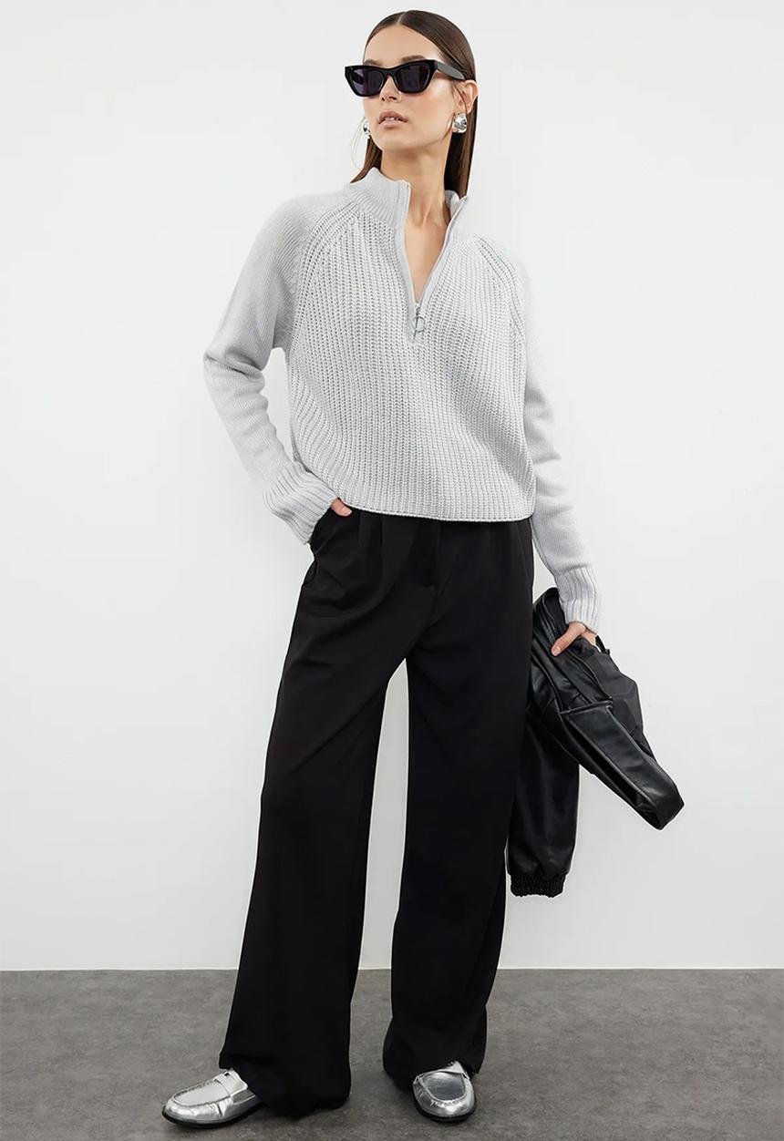 Trendyol - Zippered crop stand collar knitwear sweater - grey