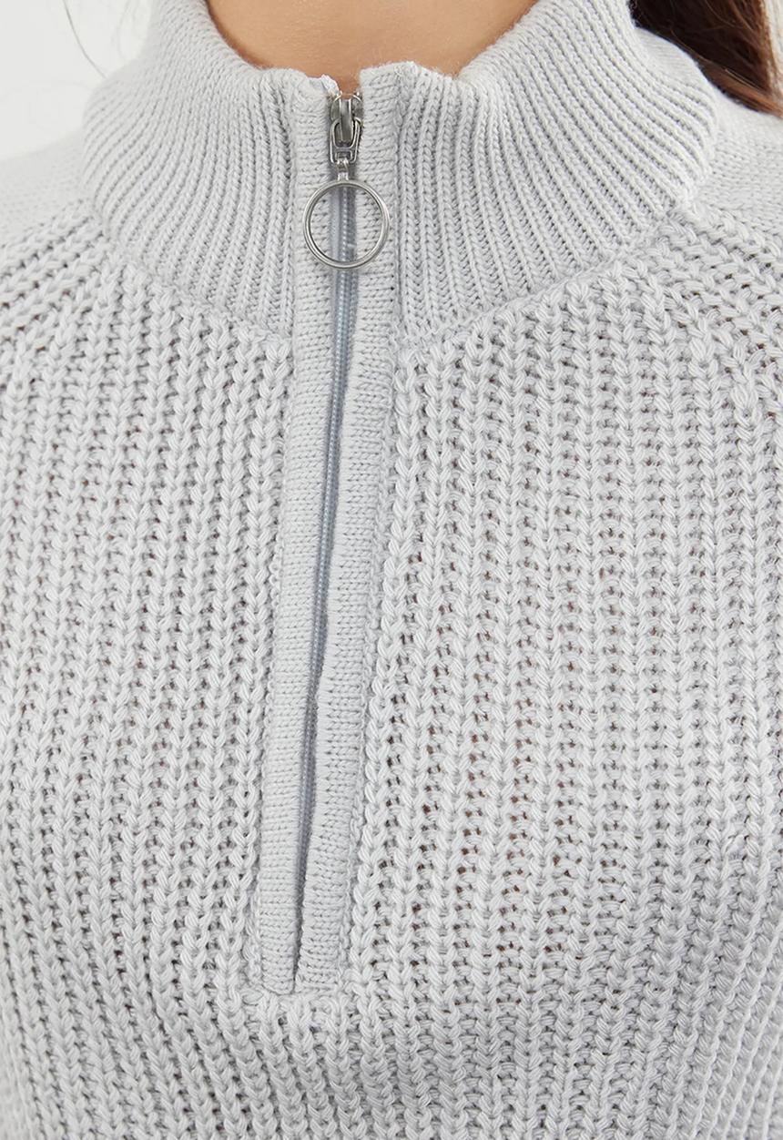 Trendyol - Zippered crop stand collar knitwear sweater - grey