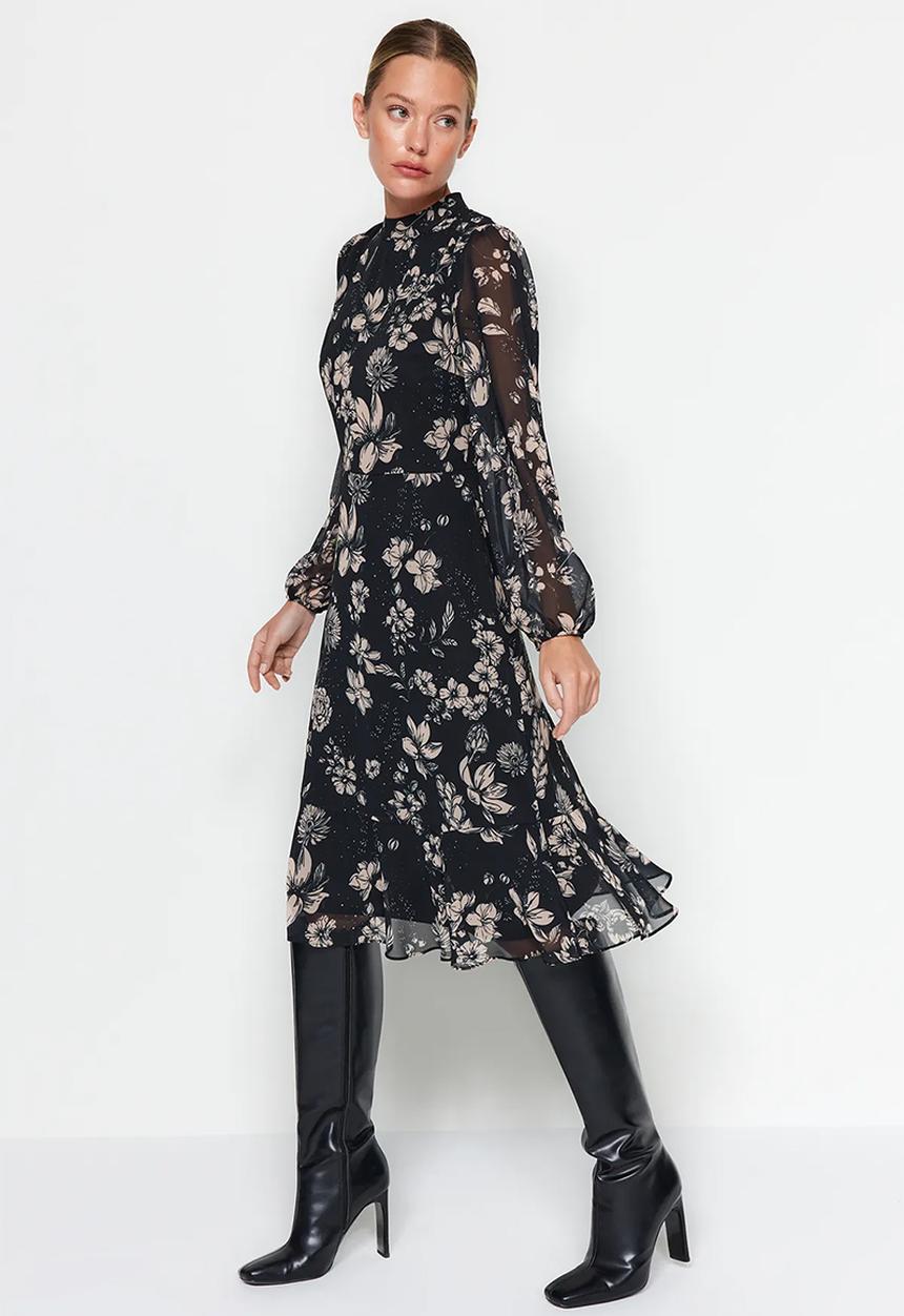 Trendyol - Floral Chiffon Lined Winter Dress - Black 