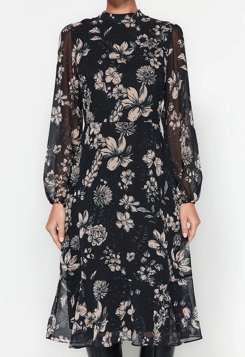 Trendyol - Floral Chiffon Lined Winter Dress - Black 