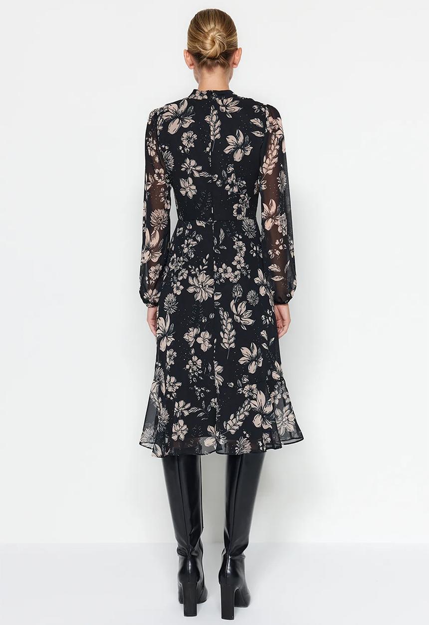 Trendyol - Floral Chiffon Lined Winter Dress - Black 