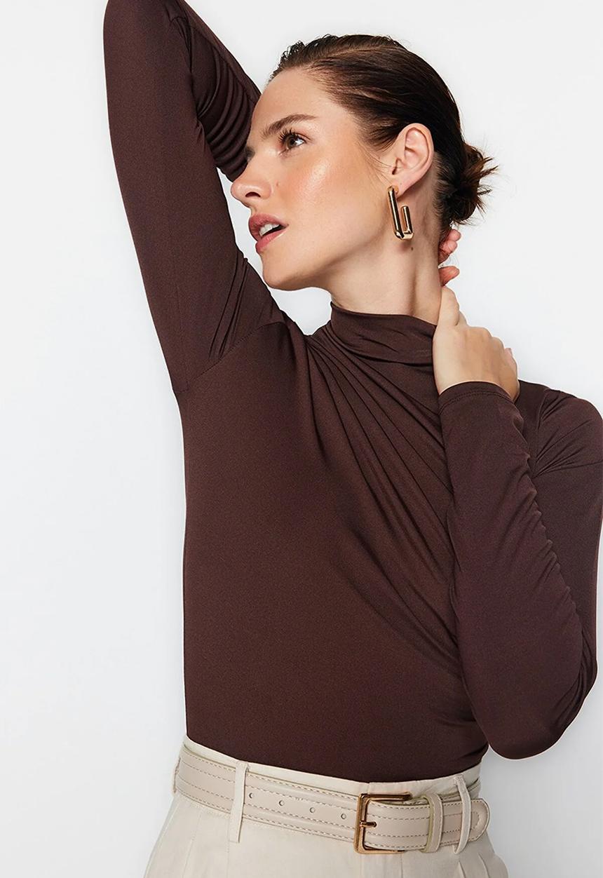 Trendyol - Gathered High Neck Snap Elastic Knitted Bodysuit - Brown
