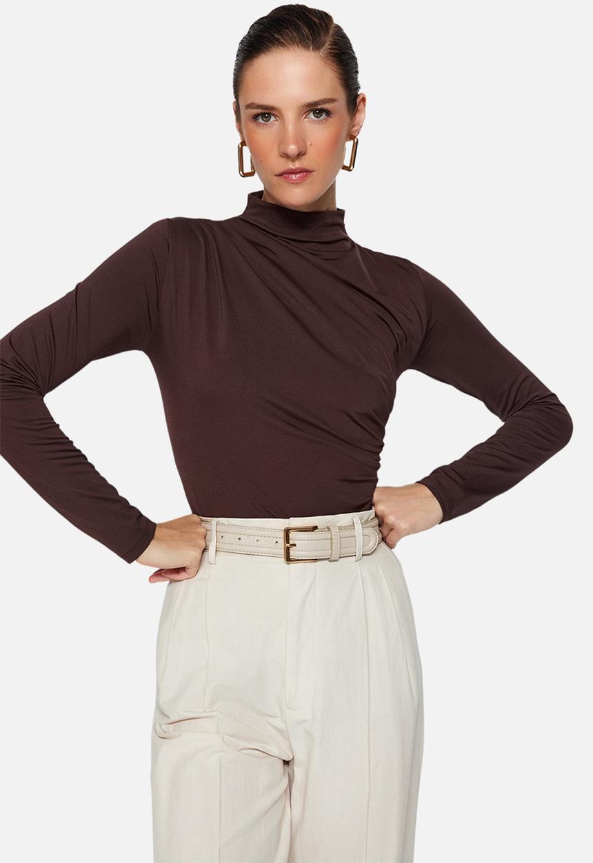 Trendyol - Gathered High Neck Snap Elastic Knitted Bodysuit - Brown