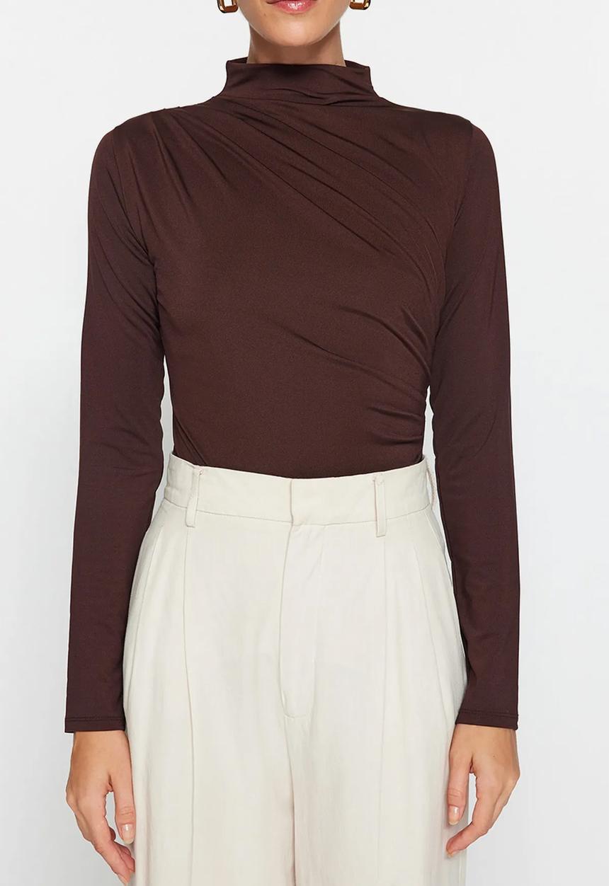 Trendyol - Gathered High Neck Snap Elastic Knitted Bodysuit - Brown