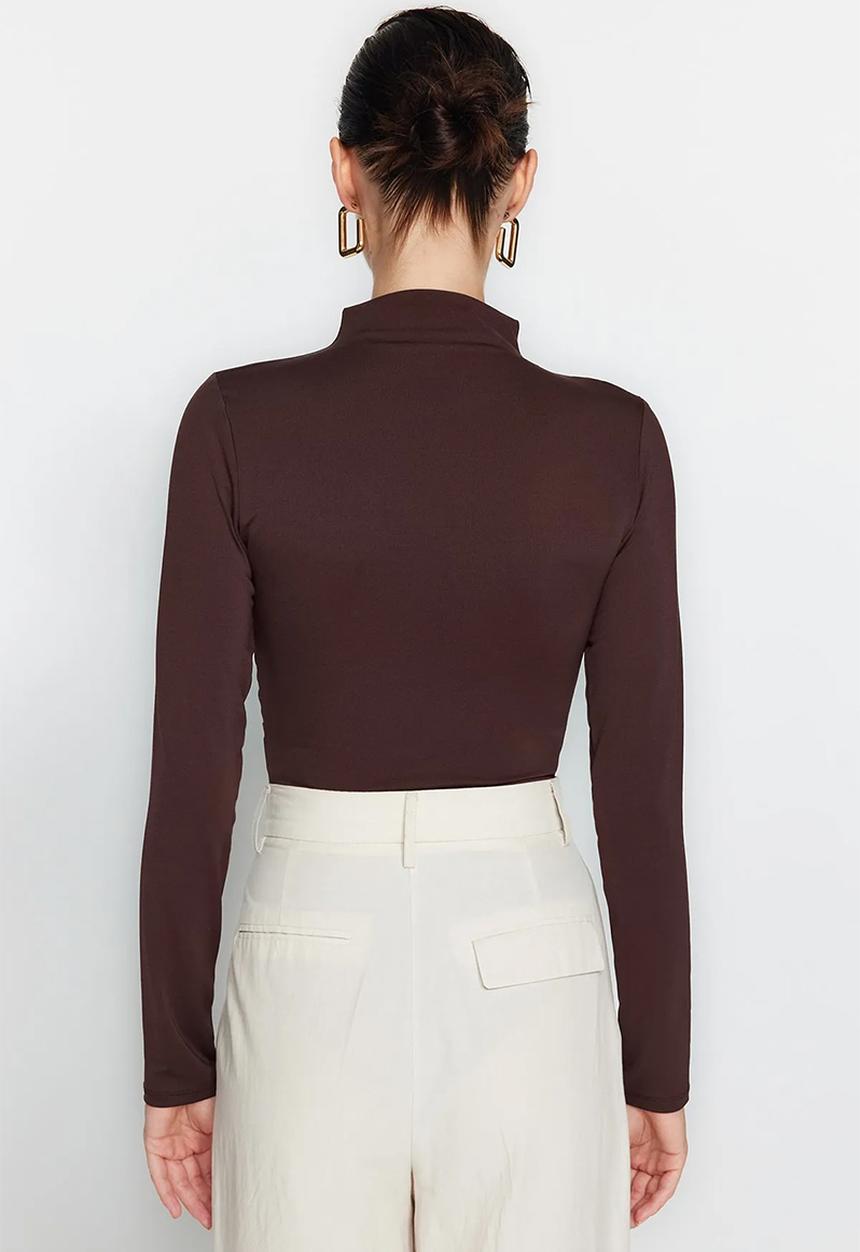 Trendyol - Gathered High Neck Snap Elastic Knitted Bodysuit - Brown