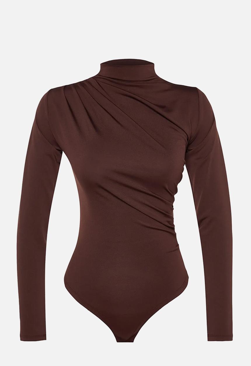 Trendyol - Gathered High Neck Snap Elastic Knitted Bodysuit - Brown