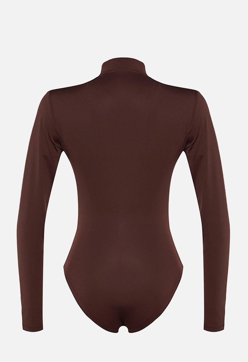 Trendyol - Gathered High Neck Snap Elastic Knitted Bodysuit - Brown