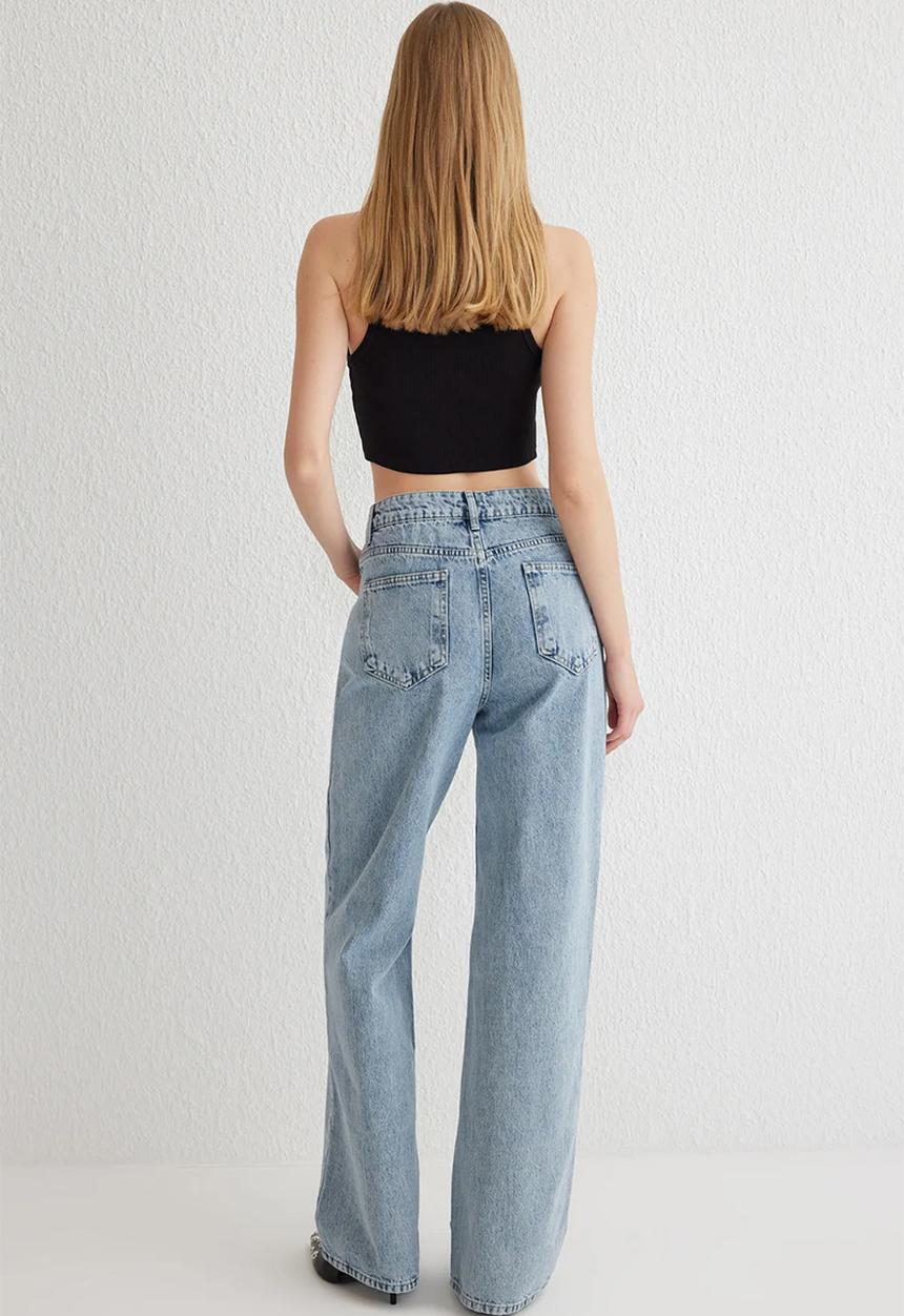 Trendyol - Dart Detail High Waist Long Straight Jeans - Blue 