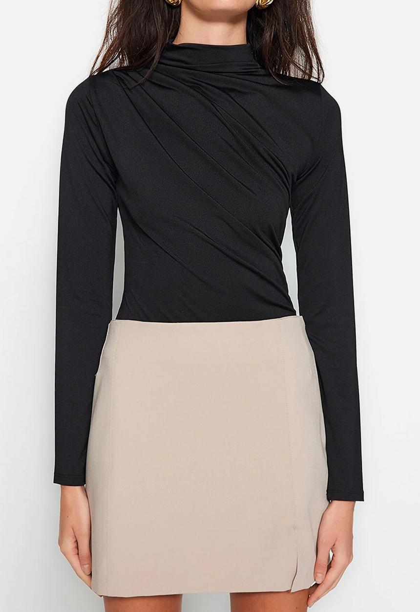 Trendyol - Drawstring detailed high neck knitted bodysuit - black