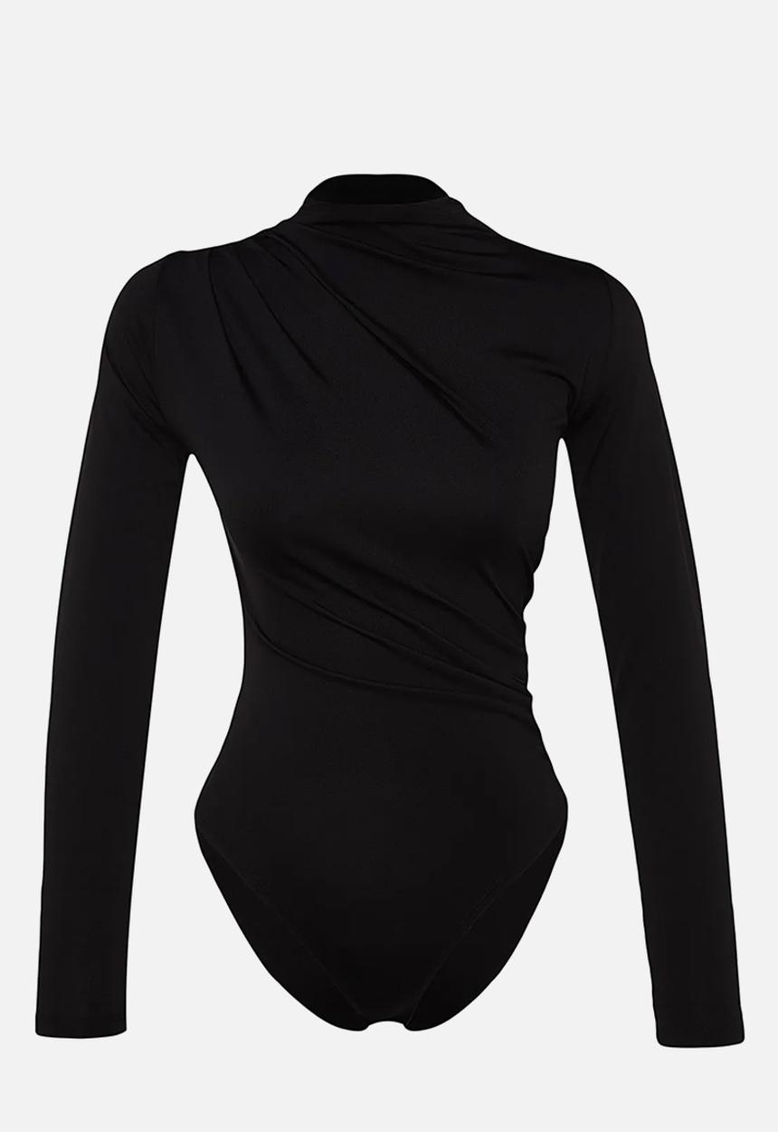 Trendyol - Drawstring detailed high neck knitted bodysuit - black