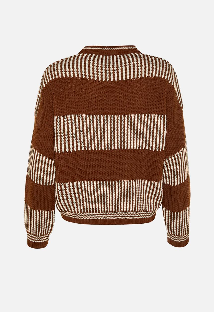 Trendyol - Wide Pattern Striped Knitted Sweater - Brown 