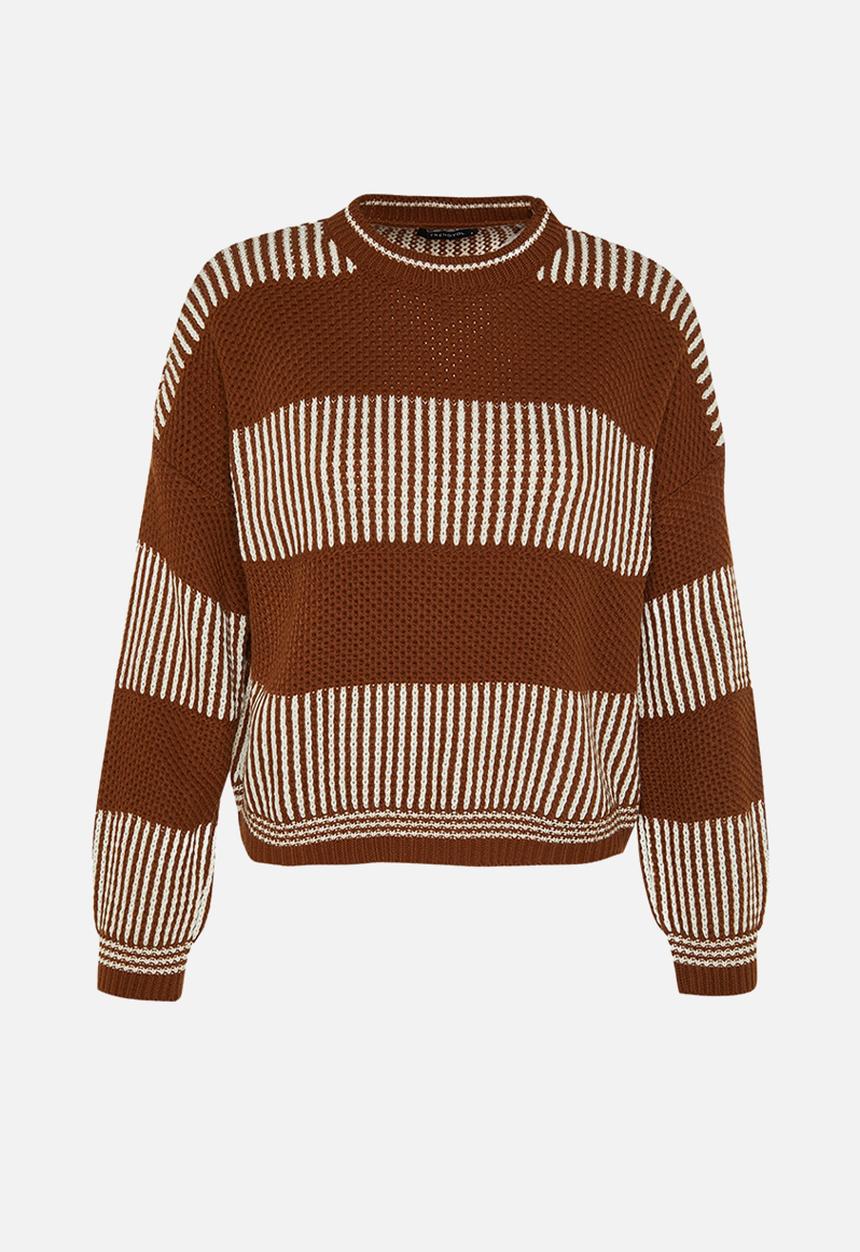 Trendyol - Wide Pattern Striped Knitted Sweater - Brown 