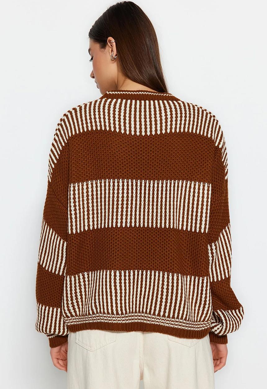 Trendyol - Wide Pattern Striped Knitted Sweater - Brown 