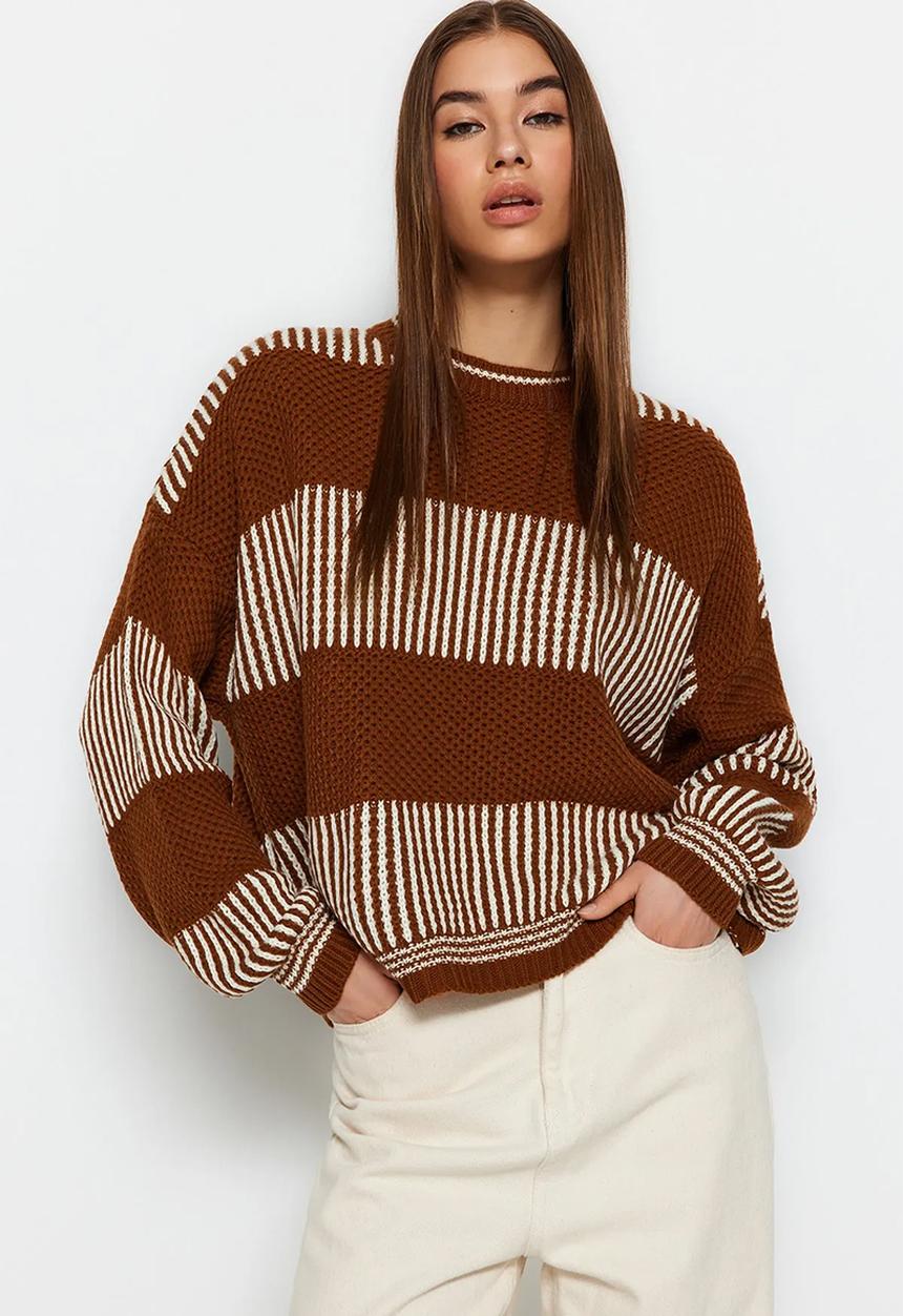 Trendyol - Wide Pattern Striped Knitted Sweater - Brown 
